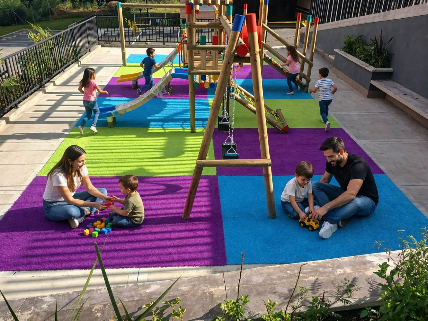 Zona de juegos con piso de caucho de colores