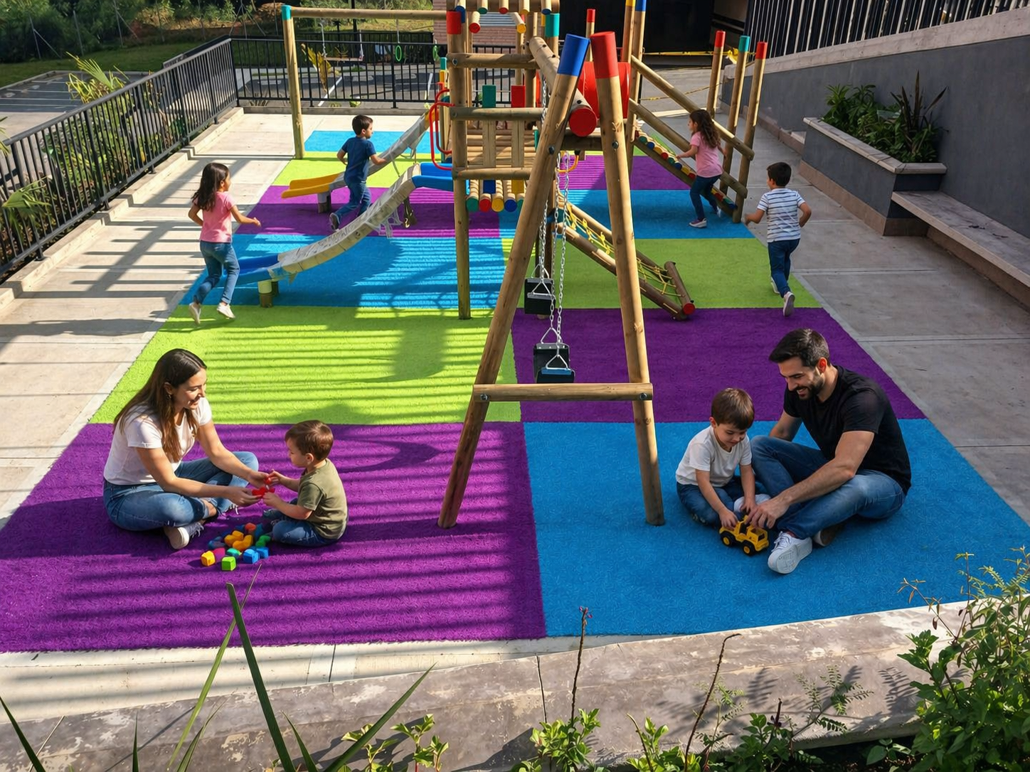 Zona de juegos con piso de caucho de colores