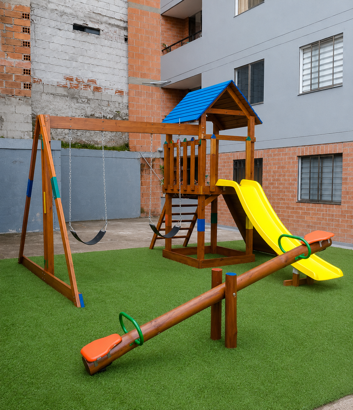 Parque con casa azul y tobogán